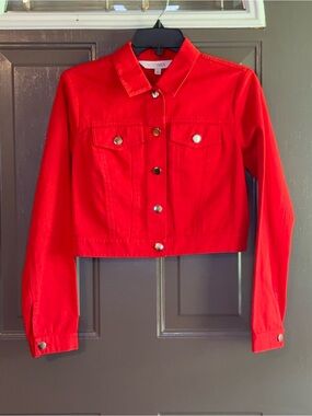 INTERMIX Red Cropped Button-Front Jean Jacket